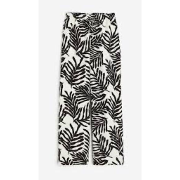 H&M LINEN-BLEND BOTANICAL PULL-ON PANTS IN BLACK AND WHITE. SIZE XL NWT - Picture 1 of 6